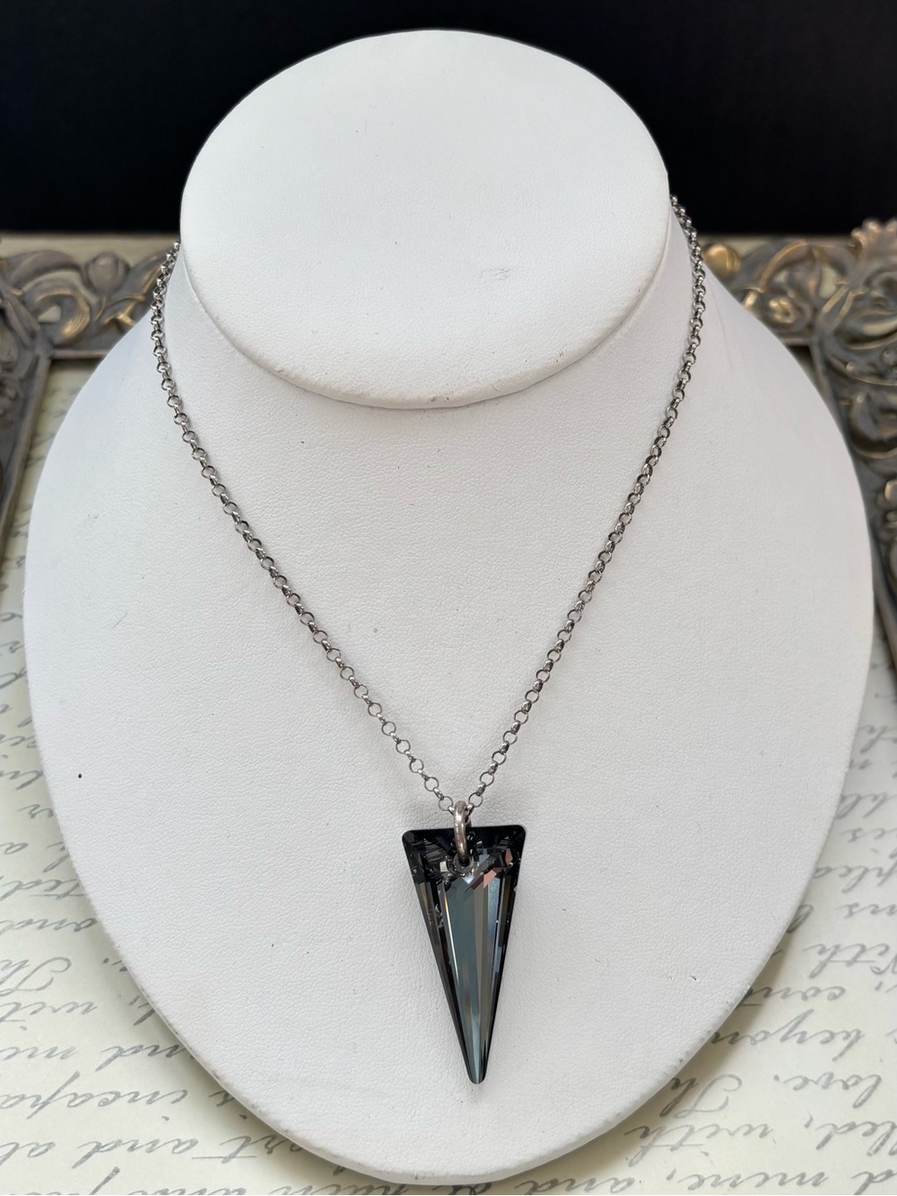 Sterling Silver Necklace with Large Gunmetal Crystal Pendant 24”